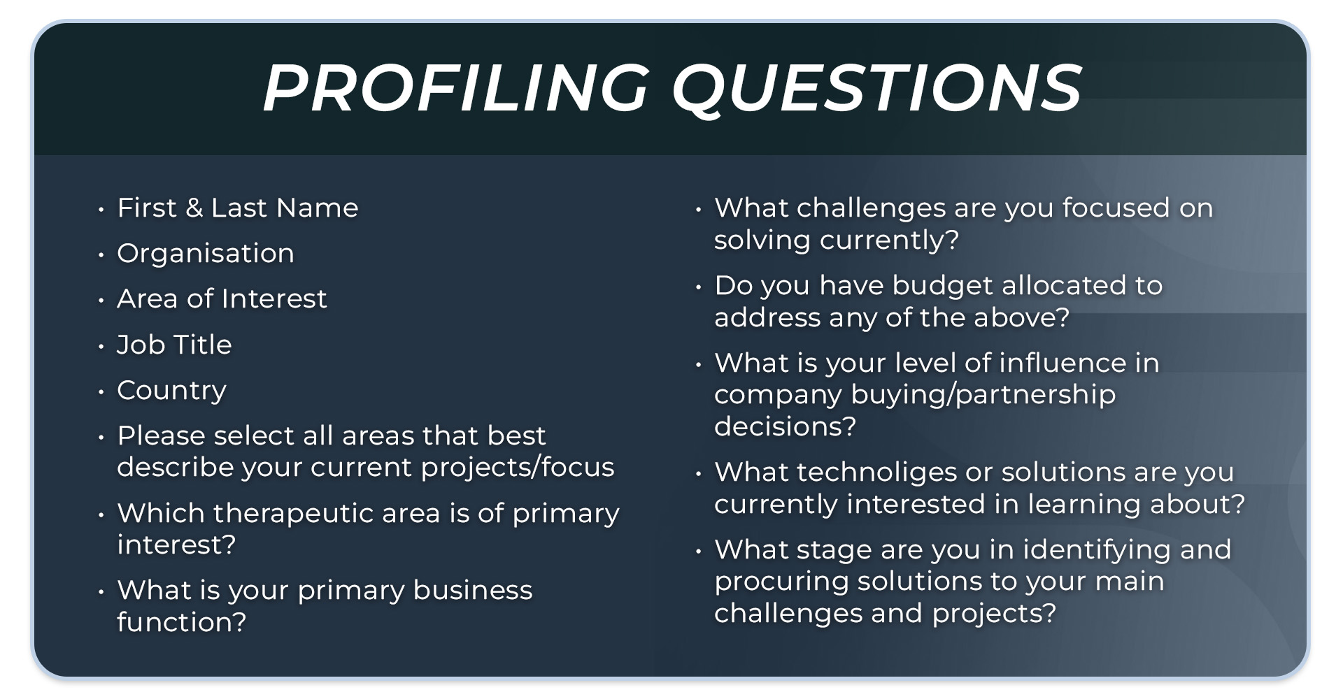 Pre Med - Profiling Questions Pre Med - Profiling Questions